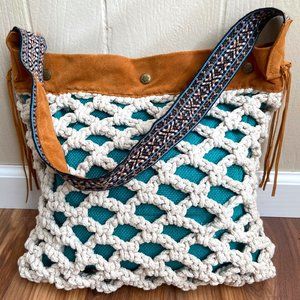 Lucky Brand Suede Crochet Guitar Strap Bag